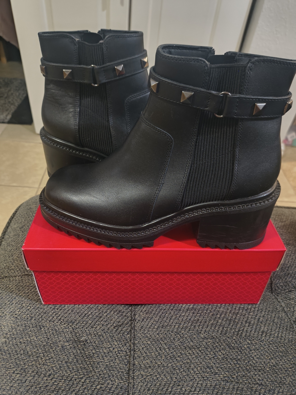 Flexi Black Ankle Boots with Stud-Trim Strap